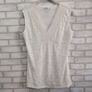 Women's M White Lace Blouse V Neck Top Sleeveless Ball Trimmed Shannon Ford